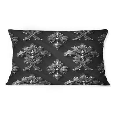 Black Silver Damask Print Glamour VI - Traditional Lumbar Pillow