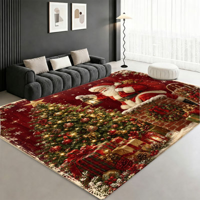 Christmas Machine Washable Area Rug with Non‑Slip Backing, Santa Claus Tree Gifts Pattern Floor Carpet, Cozy Indoor Home Decor for Living Room, Bedroom, Entryway, Front Door, Kitchen, Balcony, Apartment