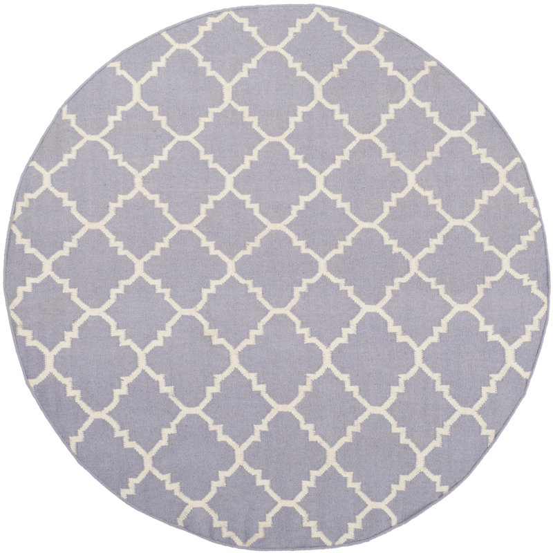 Milltown Hand Woven Flat Weave Wool/Cotton Geometric Rug in Ivory/Purple, Round 6'