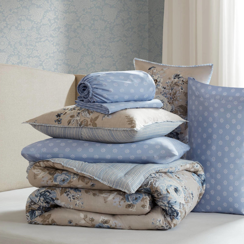 Ensemble de 7 édredons et coussins pour grand lit, motif floral beige / bleu, deux motifs, pour un usage quotidien