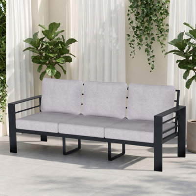 92.13'' Wide Aluminum Outdoor Patio 3-seat Sofa With Cushions, Modern All-weather Couch For Large Deck ( Light Gray Cushion)