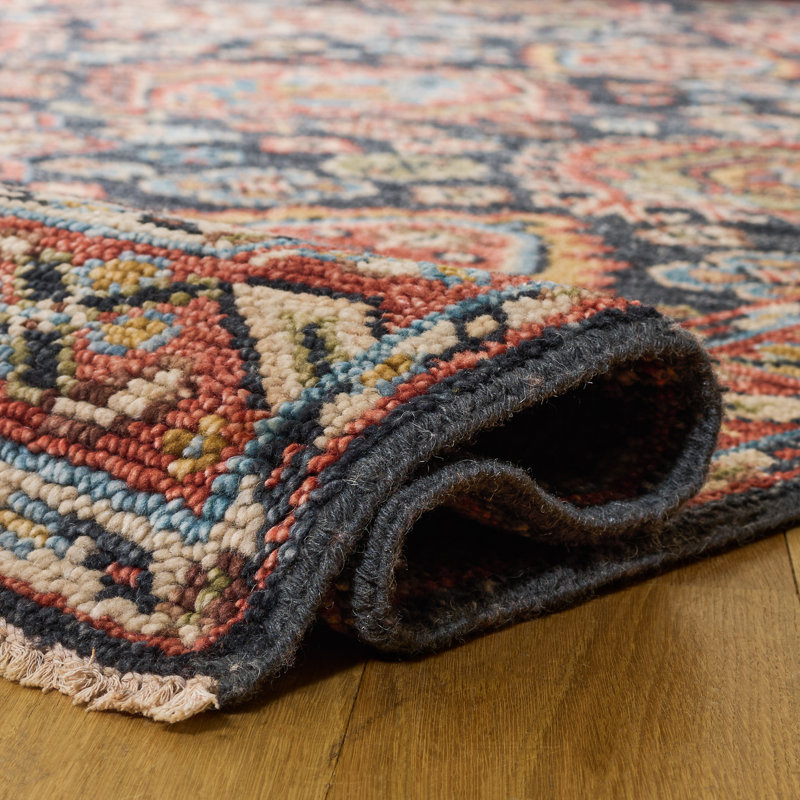 Tapis rouge / bleu en laine / coton noué à la main Jack-Carter, Rectangle 9 pi x 12 pi