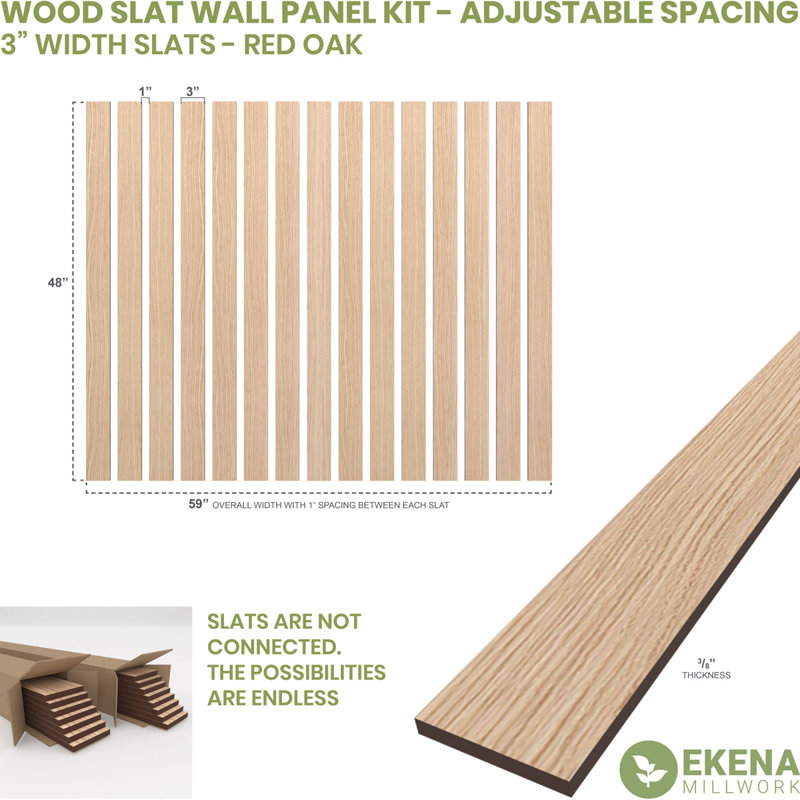 Adjustable Wood Slat Wall Panel Kit, 3"W x 47"H x 0.375"T, Red Oak