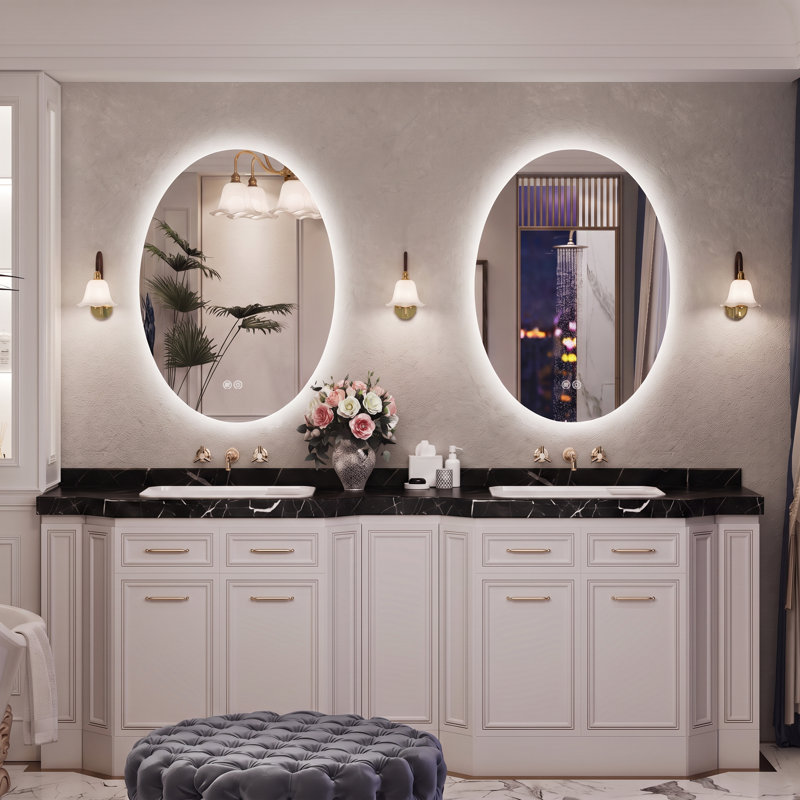 Miroir de salle de bain ovale rétro-éclairé sans cadre homologué UL, anti-buée, verre trempé, 22 po x 30 po