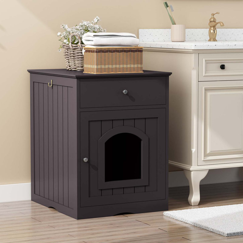 Brown MDF Cat Litter Box Enclosure Side Table with Drawer