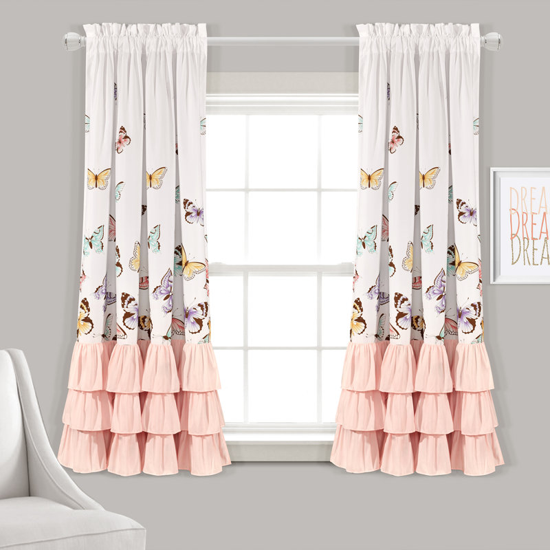Paire de rideaux transparents avec passe-tringle Flutter Butterfly, L 52 po x L 63 po, Rose / jaune / bleu