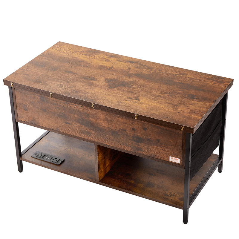 VEVOR Lift Top Coffee Table 39.4" Rectangle Coffee Table with Light & USB, Brown