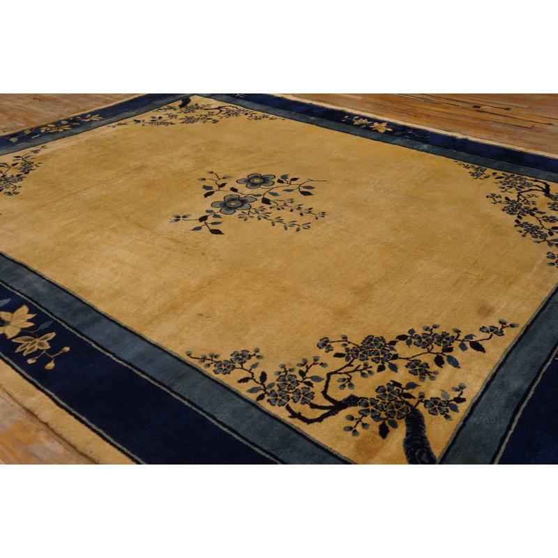 Wool Antique 1920s Blue Ivory Beige Cream White Rectangle Hand Knotted Pile Rug