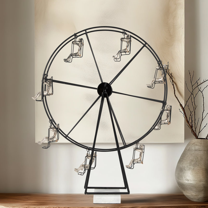 Modern Sculpture Metal and Stone Ferris Wheel Design with Seated Human Figures Home Office Bedroom Living Room Decor - 23" Black
