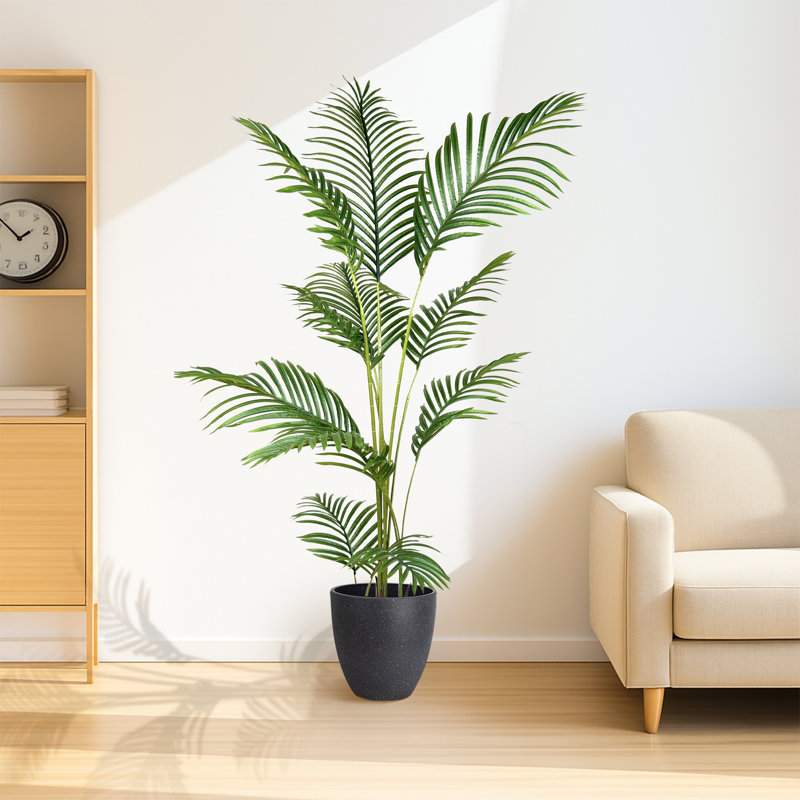 Pots de plantes ronds avec plateau en forme de palmier artificiel de type B et résine, H 62,99 po x l 19,69 po x P 19,69 po