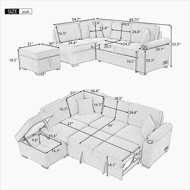 Canapé-lit modulaire en forme de L avec repose-pieds avec rangement