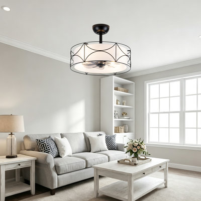 Ventilateur de plafond moderne de 50 cm avec éclairage et télécommande, ventilateur Fandelier avec abat-jour cylindrique en tissu pour chambre ou salle à manger