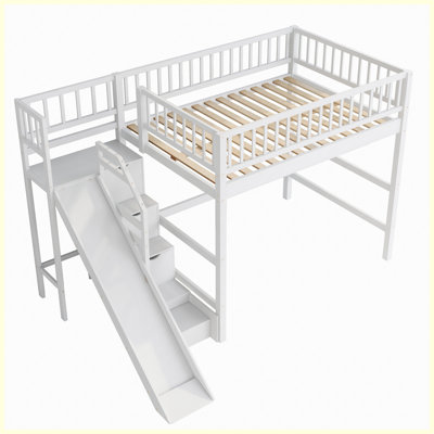 Full Size Loft Bed with Storage Staircase, Slide & LED Light, White Finish