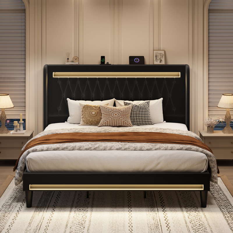 Modern Diamond-Tufted Upholstered Bed Frame With RGB LED Lights, USB Charging Ports & Wingback Headboard, Black, King