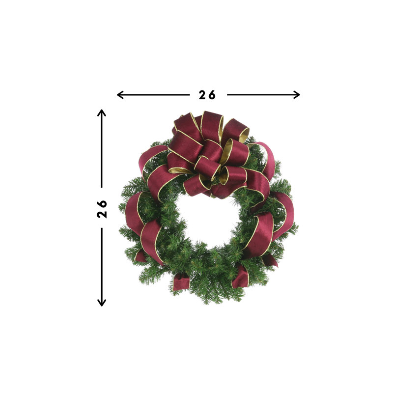 26" Pine Christmas Wreath With A Large Bow, Green/Burgundy, 26" H x 26" W x 8" D