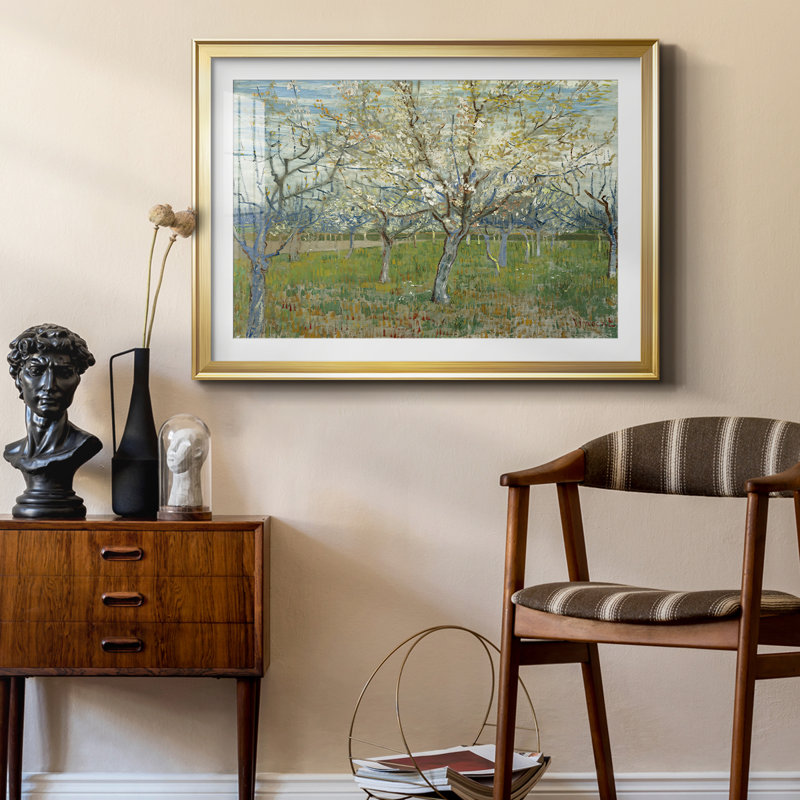 Le Verger blanc - Vincent van Gogh - Reproduction d'art encadrée, sous verre et passe-partout, grand tableau pour salon, Doré