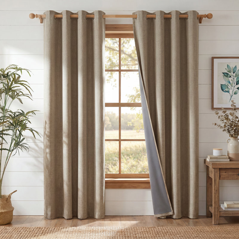 100% Blackout Linen Curtains for Bedroom, Burlap Linen Drapes with Thermal Insulated Grey Liner Grommet Noise Reducing Window Panels for Living room, 2 Panels