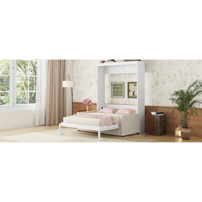 Grand lit escamotable mural avec coussin confortable, conception compacte et compacte pour les petits appartements, Blanc