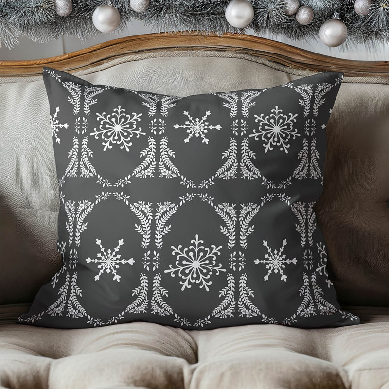 Coussin décoratif d'intérieur à motif de flocons de neige, Argent / gris anthracite, Carré 16 po
