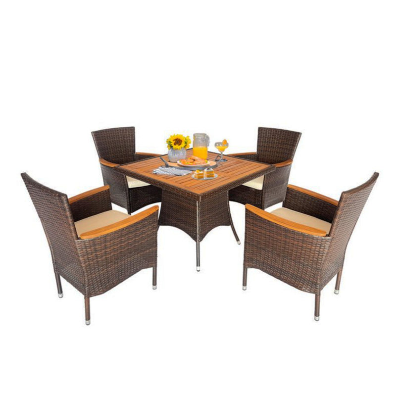 Ensemble repas 5 pièces en rotin brun avec table en bois d'acacia, Brun