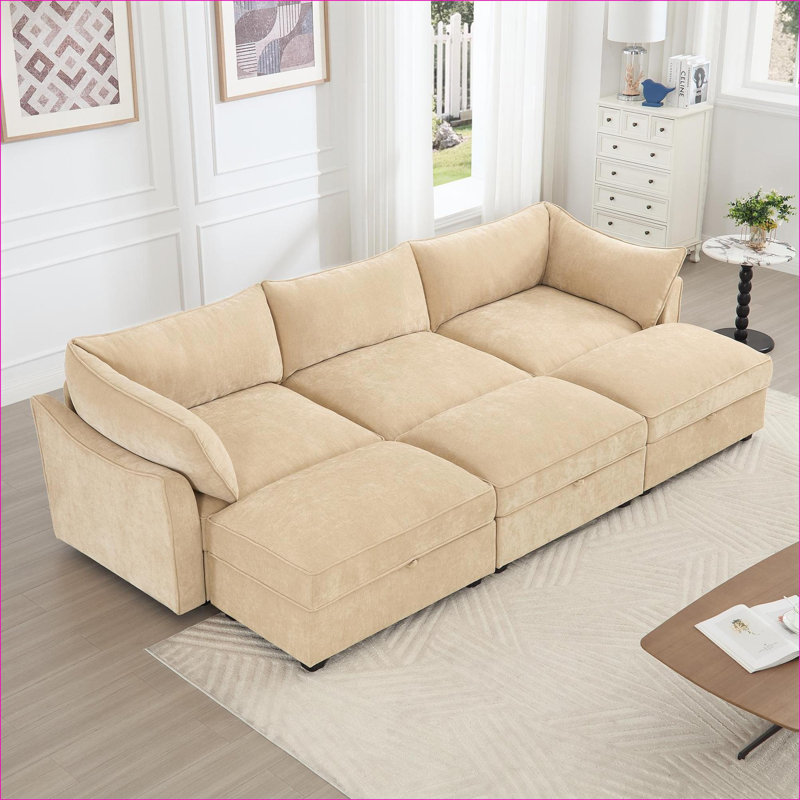 Canapés modulaires | Canapé de rangement moderne 3 places avec 3 repose-pieds pour le cinéma maison | Chenille | Blé
