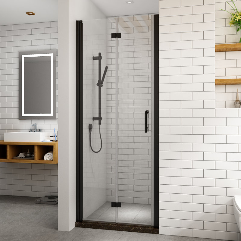 Porte de douche pliante sans cadre avec verre transparent 36 "- 37 1/4" x H 72 ", Noir