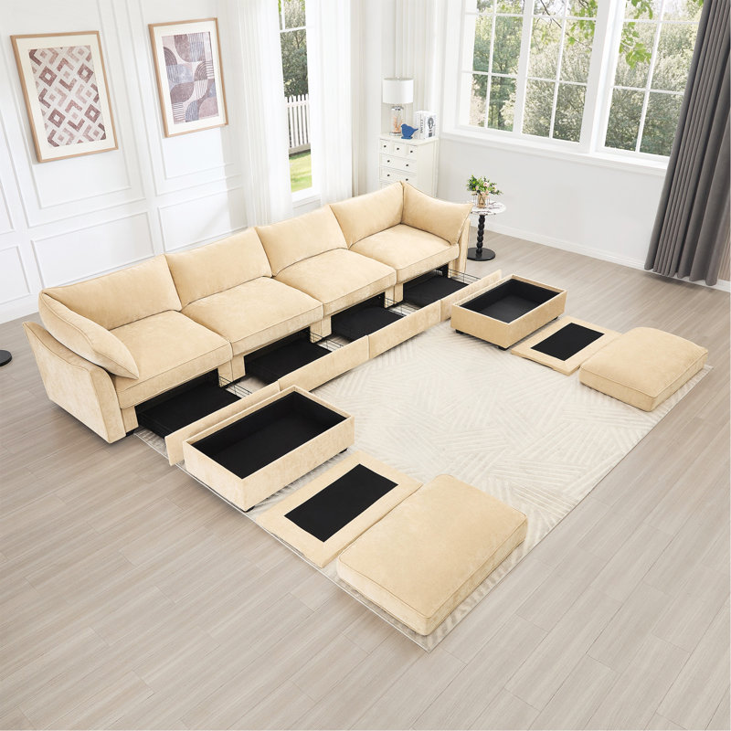 Canapé en U à 4 places avec repose-pieds avec repose-pieds, canapé à 4 places avec 2 repose-pieds mobiles, canapé modulaire surdimensionné avec 6 sièges et tiroir coulissant sous chaque siège, chenille blé
