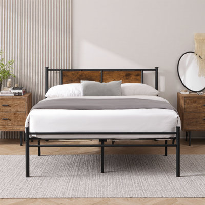 Twin XL Metal Bed Frame with Wood Accent Headboard - Black - Mattress Foundation, Underbed Storage, No Box Spring Needed