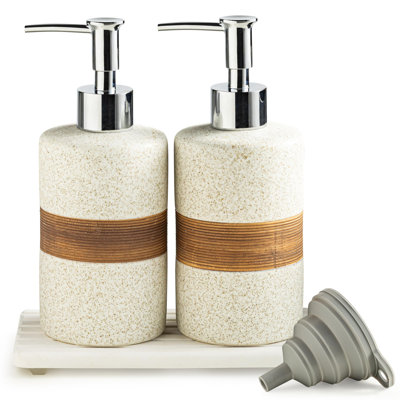 Ensemble de distributeurs de savon à vaisselle en céramique (paquet de 2), distributeur de savon à main, à vaisselle, de douche pour évier de cuisine et salle de bain, comprend une pompe en acier inoxydable, un entonnoir en silicone et un support à 