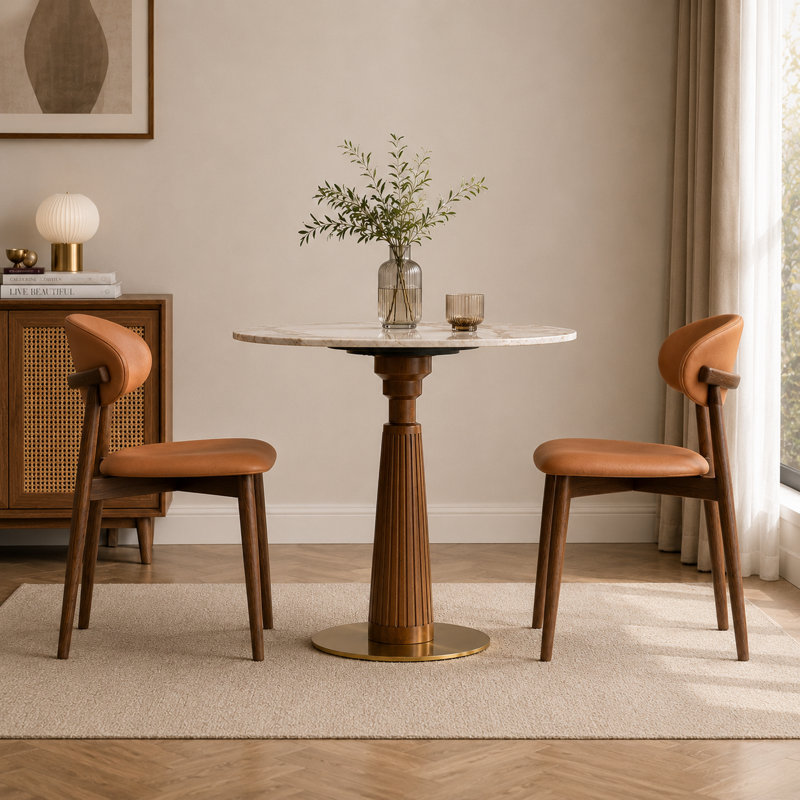 3-Piece Modern Bistro Dining Set, 33.5" Round Sintered Stone Table with Fluted Rubber Wood Pedestal Base and 2 Upholstered Dining Chairs for Small Spaces