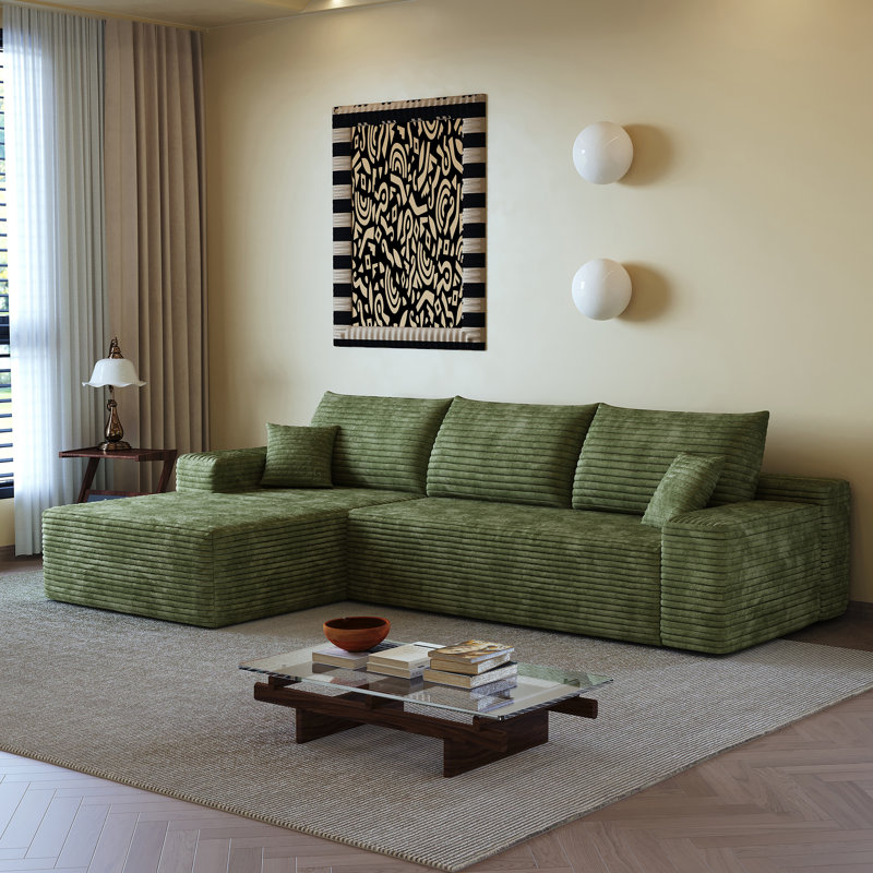 Canapé modulaire en L 107 po avec siège profond et sans assemblage vert (velours côtelé), Orienté à gauche (vu de face)
