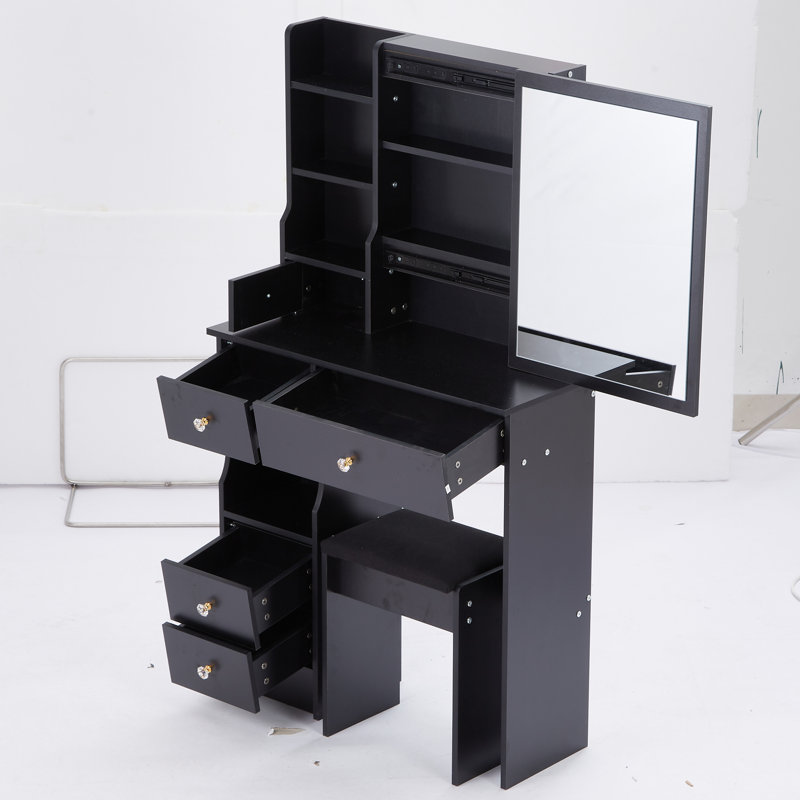 Petite coiffeuse avec tiroir de gauche, tabouret rembourré, miroir coulissant et commode de rangement multicouche | Idée de cadeau