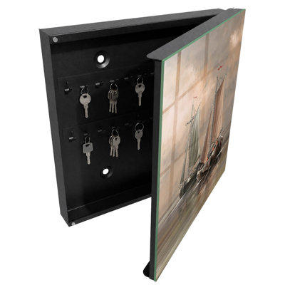 Key box for wall, Opens to the right, 30x30x5, Black, Relaxing at sea, warm colors of sailboats, 