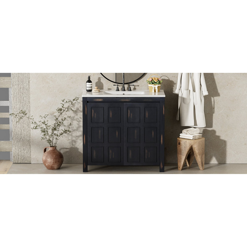Organisateur de meuble-lavabo 36 po, lavabo en céramique, design rétro, armoire en bois massif, charnières à fermeture en douceur, organisateur de poignées dissimulées, cadre de style, portes, intérieur spacieux