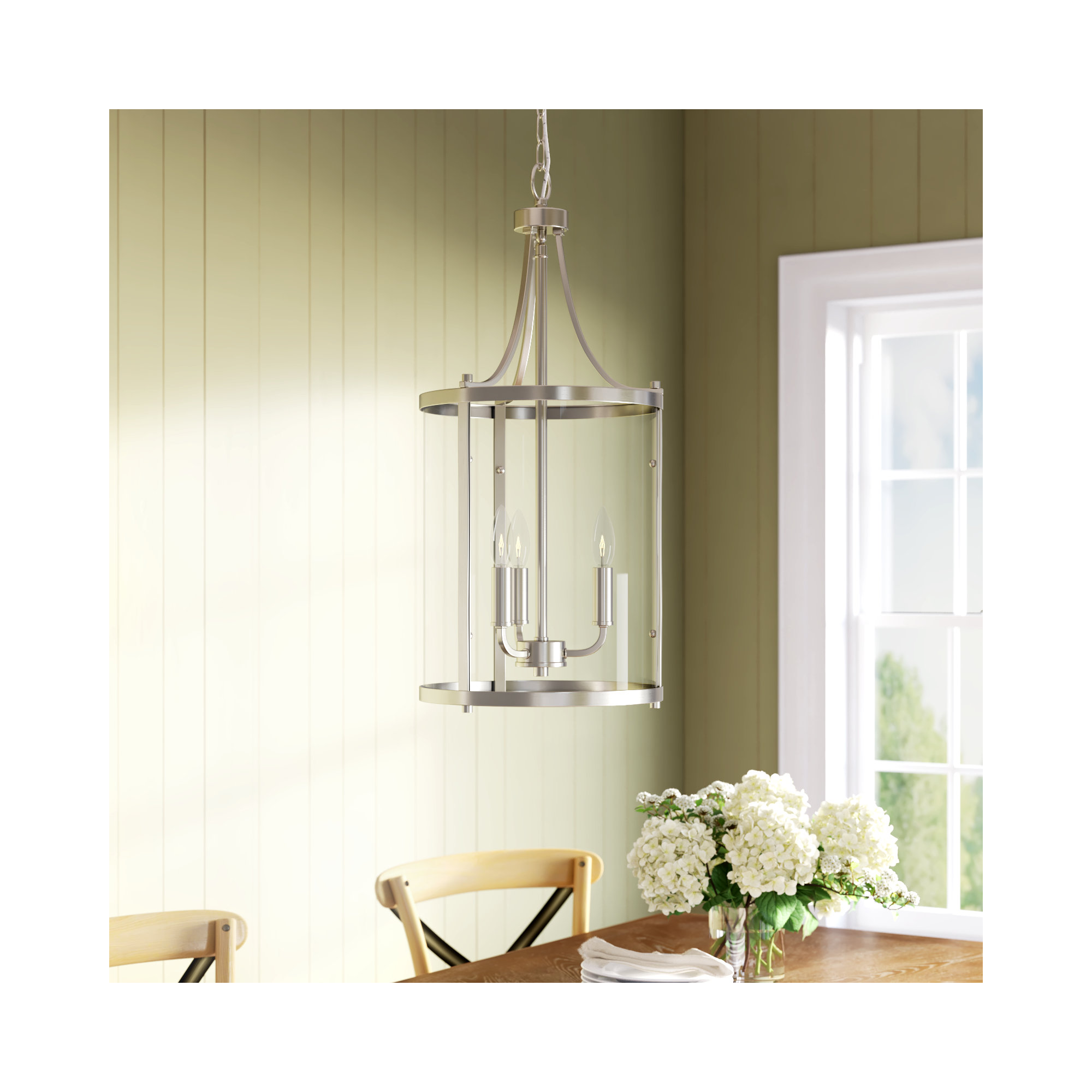 Cleveland 3-Light Sloped Ceiling Adaptable Lantern Chandelier, Satin Nickel