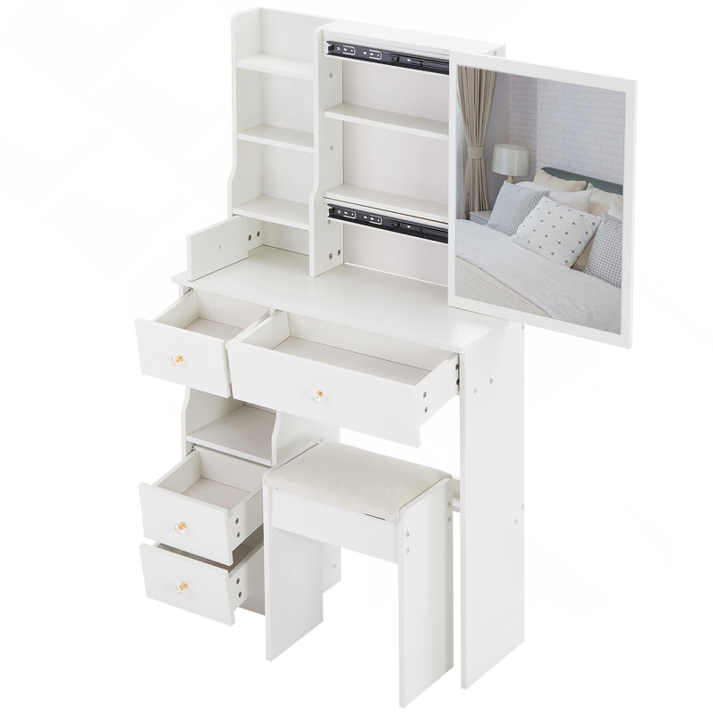 Table de coiffeuse 29,2 po avec tiroir à gauche avec tabouret rembourré, rangement multi-couches grande capacité, commode pratique