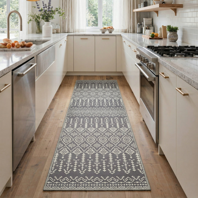 Zennor Boho Oriental Machine Washable Grey / Beige Indoor Area Rug with Non-Slip Backing, Runner 2' x 7'