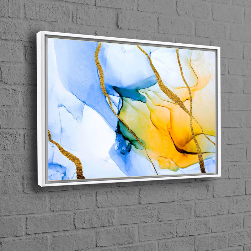 Toile de décoration murale en marbre bleu et jaune abstrait pour cadeau de Noël personnalisé pour papa, H 45 po x l 100 po
