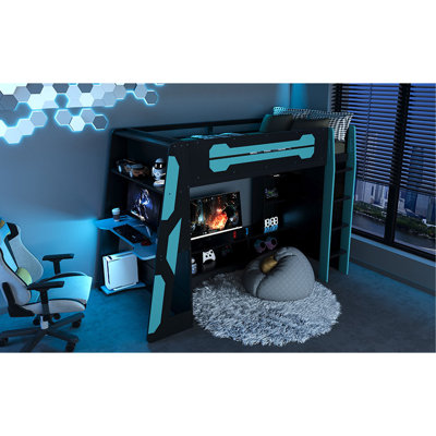 Lit mezzanine simple en bois avec bureau, tablettes multiples et lumière RVB, bleu nuage