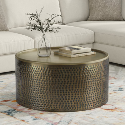 Corbin Metal Coffee Table, Boho Contemporary-Style Metal Drum Coffee Table For Living Room, Hammered Antique Gold