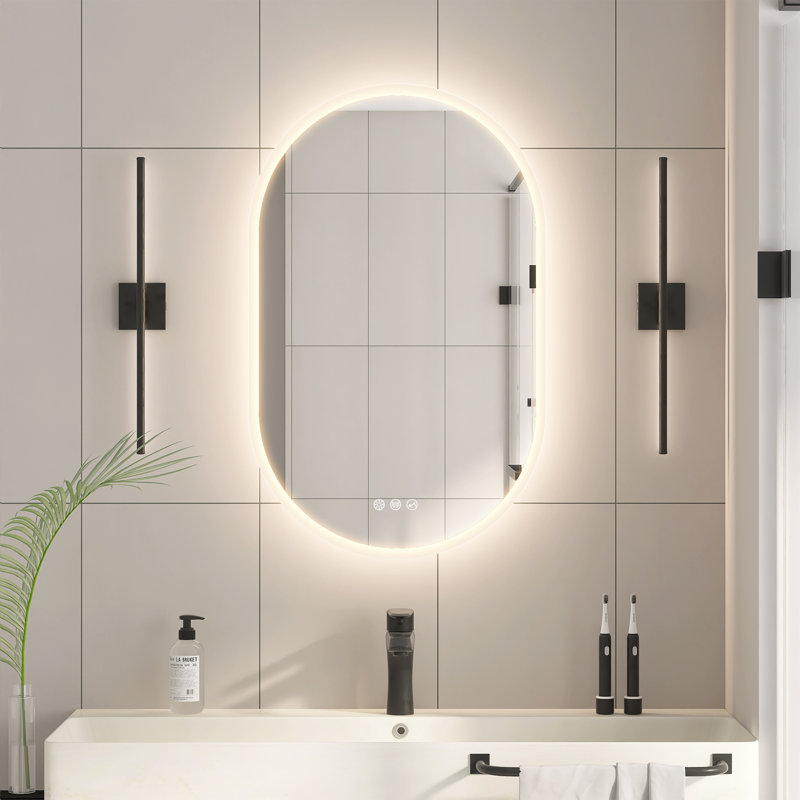 Ahmiyah ovale à DEL-miroir de salle de bain / anti-buée / à intensité variable / Bluetooth / verre trempé, 32 po x 20 po