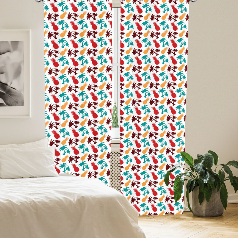Tropical Multicolor Palm and Pineapple Polyester Curtain Panels, 28" x 63", Set of 2