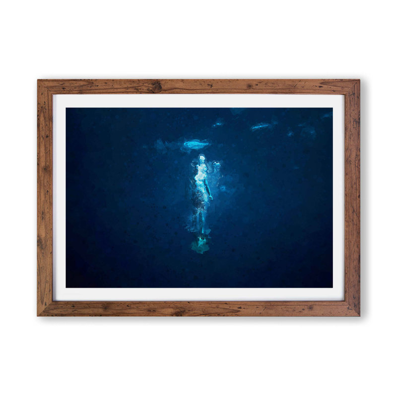 'Deep Blue Diving' - Picture Frame Graphic Art Print on Paper, 62cm H x 87cm W x 2cm D, Walnut