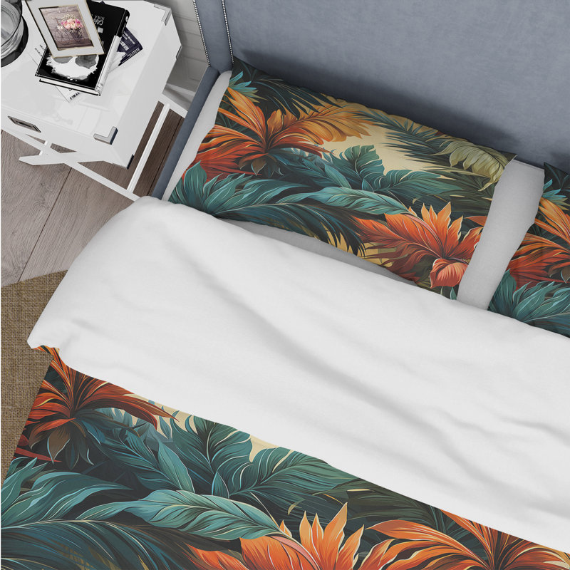 Paradise Palms Tropical Pattern Polyester Floral Duvet Cover Set, Queen Duvet Cover + 2 Standard Shams