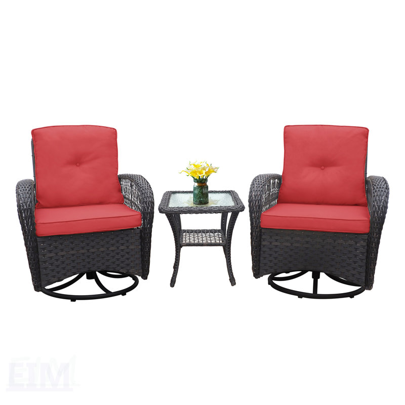 Ensemble de 3 chaises d'extérieur pivotantes à bascule en osier avec plateau en verre, pour la détente sur le patio et le balcon