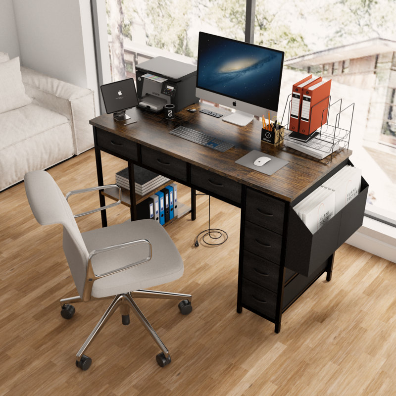 47" Computer Desk With Power Outlet,Writing Desk With 7 Fabric Drawers,Vanity Table Drawers And Large Side Pocket, Oak