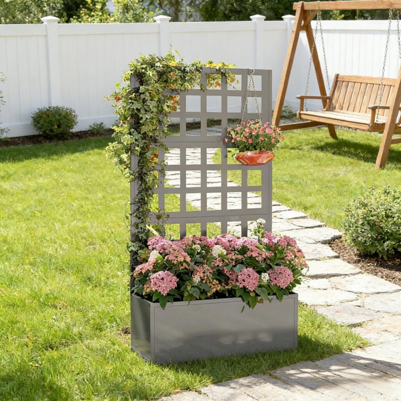 Jardinière en acier galvanisé avec treillis, jardin surélevé avec trous de drainage, Gray