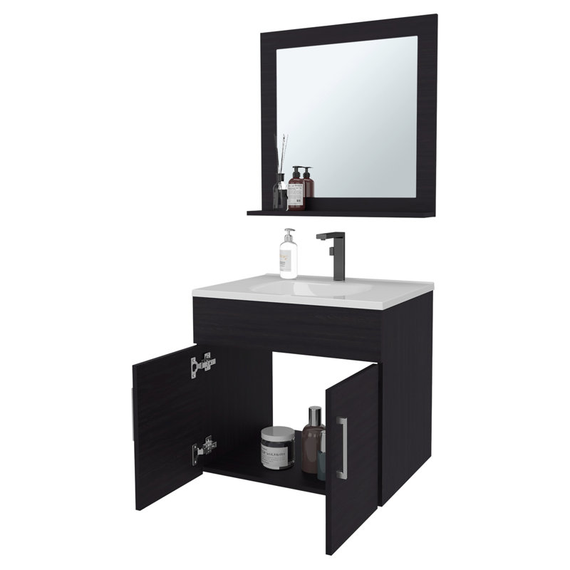 Meuble-lavabo à 2 portes avec design flottant, lavabo et miroir - Tonifié, effet d'éclairage amélioré, armoire, couleur polyvalente pour espaces, réflexion claire, imperméable, conceptions complémentaires aux minimalistes