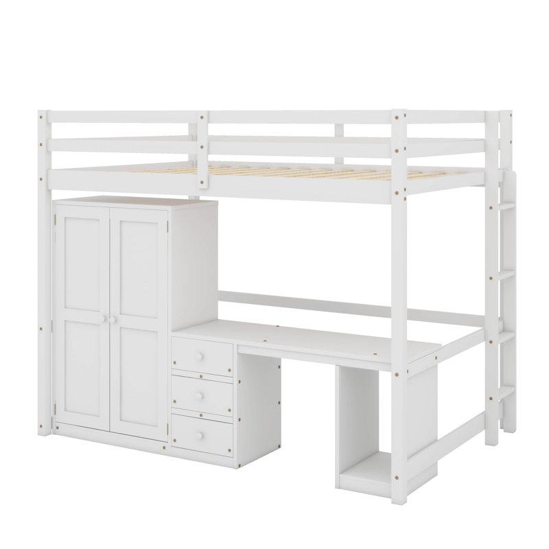 Lit mezzanine avec garde-robe, bureau et tiroirs de rangement, Simple, Blanc