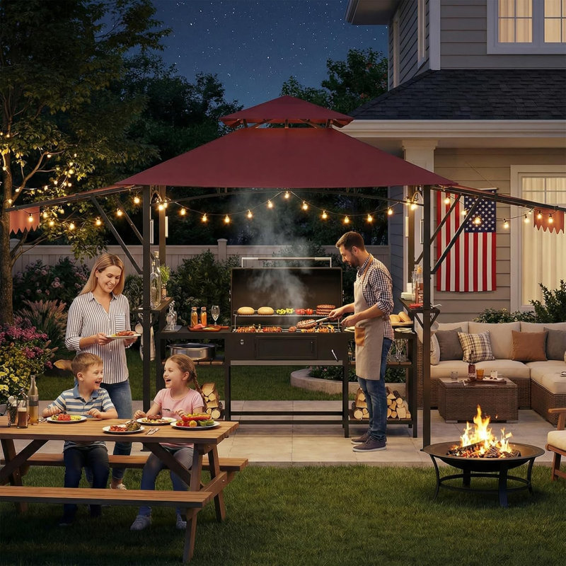 8 Ft. x 5 Ft. Grill Gazebo with Adjustable Dual Side Awnings, Double-Tier BBQ Canopy with Shelves, Hooks and Steel Frame for Backyard or Patio